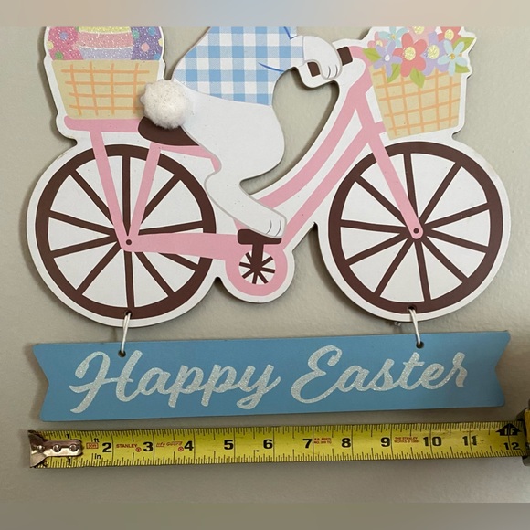 Spring Blue Gingham Easter Bunny Bicycle Happy Easter Decoration Sign - Picture 4 of 5